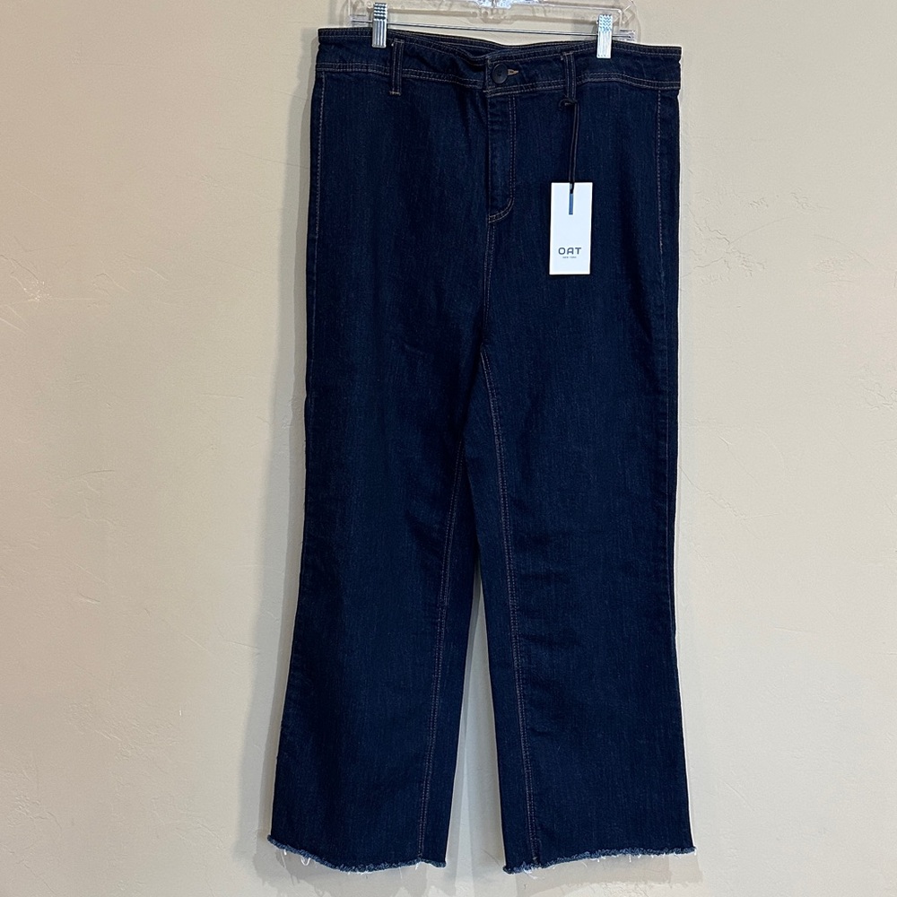 NWT OAT N.Y. Jeans Dark wash blue high rise wide leg raw hem back pockets 16W - Picture 3 of 11
